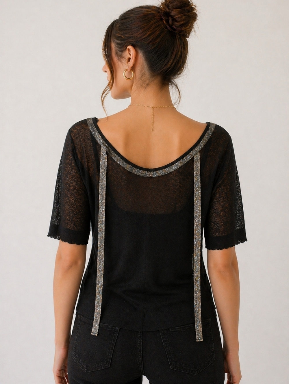 FABIANA FILIPPI SHEER BLACK KNIT TOP WITH METALLIC STRAPS OPEN BACK ITALY